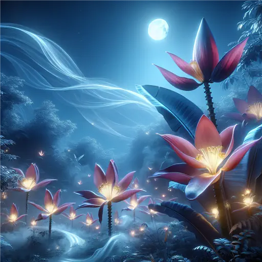 In my dream, banana flowers floated gently, glowing under a silver moonlight. In my dream, banana flowers floated gently, glowing under a silver moonlight.