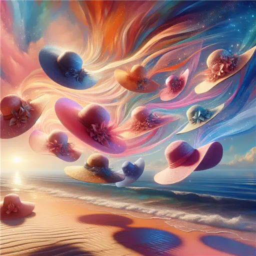In my dream, colorful beach hats danced under the sun, whispering secrets. In my dream, colorful beach hats danced under the sun, whispering secrets.