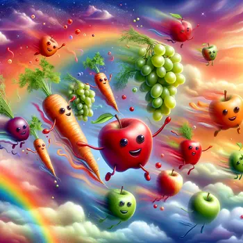 In my dream, flying fruits and vegetables danced joyfully through a vibrant sky. In my dream, flying fruits and vegetables danced joyfully through a vibrant sky.