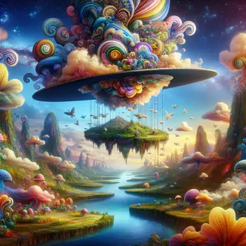 In a dream, a giant hat floated above a vibrant, surreal landscape. In a dream, a giant hat floated above a vibrant, surreal landscape.