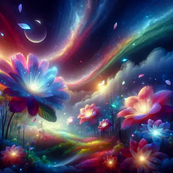 In a dream, vibrant flowers bloom under a radiant, swirling starry sky. In a dream, vibrant flowers bloom under a radiant, swirling starry sky.