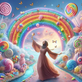 In the dream, I danced beneath the rainbow made of candy, smiling joyfully. In the dream, I danced beneath the rainbow made of candy, smiling joyfully.