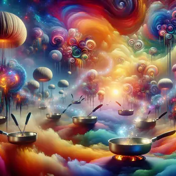 In the dream, colors swirl as twirling pans dance under a shimmering sky. In the dream, colors swirl as twirling pans dance under a shimmering sky.